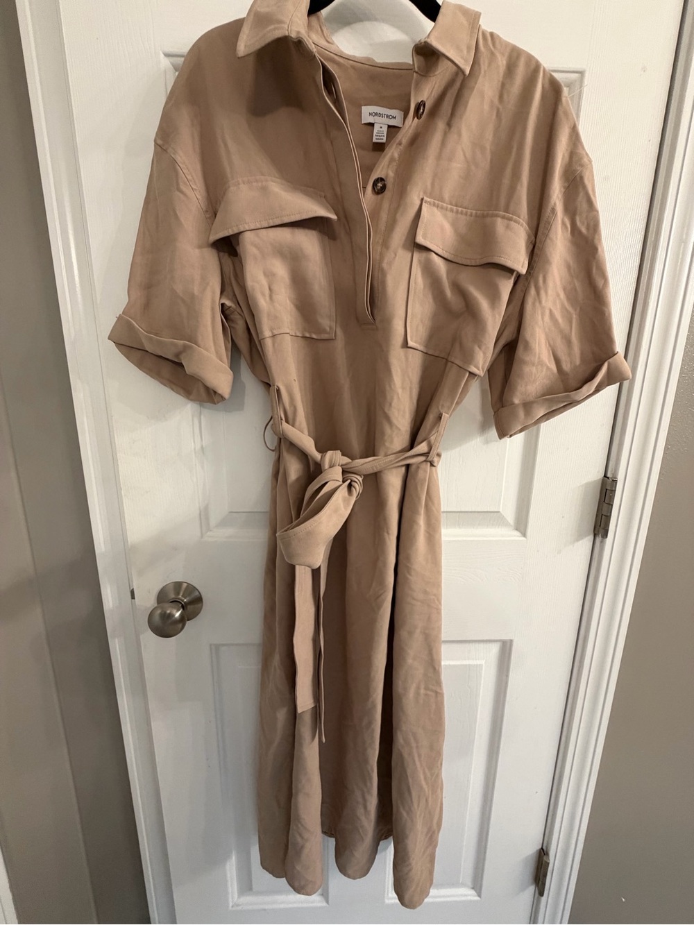 Nordstrom Utility Shirt Dress Midi Belted Cargo Pocket Khaki Tan M